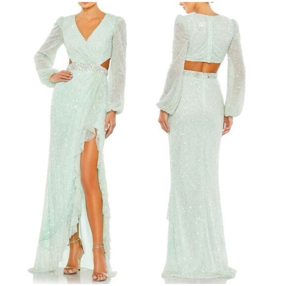 NWT Mac Duggal Sequined Asymmetrical Bishop Sleeve Ruffle Gown Sz 0 Soft Mint